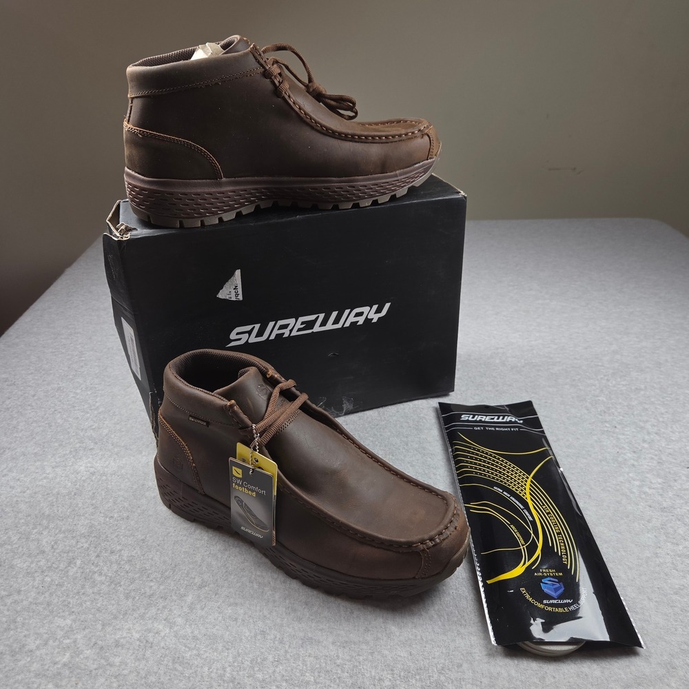 Sureway Mens Waterproof Moc Toe Work Boots Brown Leather Lace Up Work Shoes